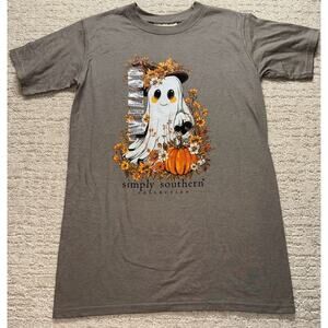 Simply Southern Halloween Ghost Pumpkin Graphic T-Shirt Youth Medium Gray New